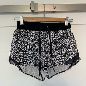 Lululemon Black and White Patterned Shorts with Drawstring and Back Pocket